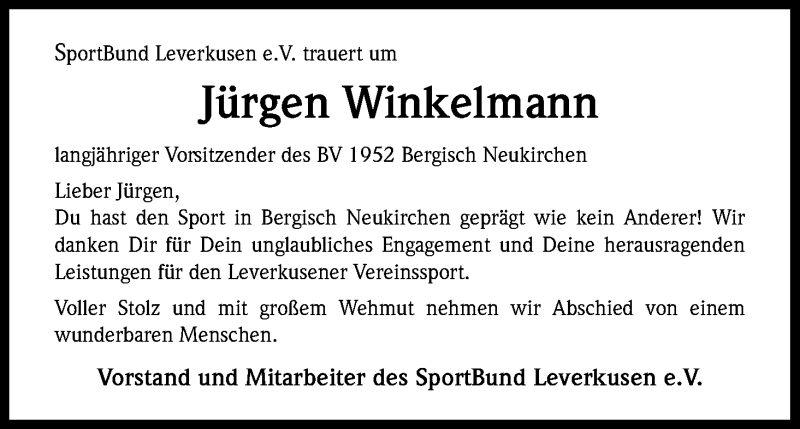 Traueranzeige für Jürgen Winkelmann vom 27.08.2016 aus Kölner Stadt-Anzeiger / Kölnische Rundschau / Express