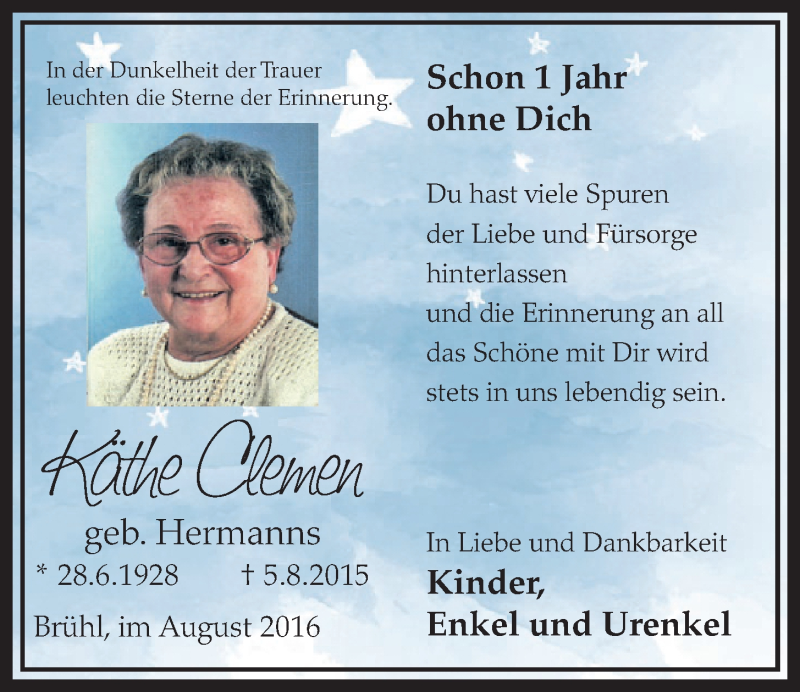  Traueranzeige für Käthe Clemen vom 03.08.2016 aus  Schlossbote/Werbekurier  Werbepost 
