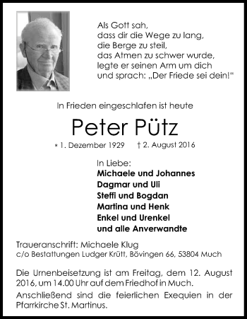 Anzeige von Peter Pütz von Kölner Stadt-Anzeiger / Kölnische Rundschau / Express