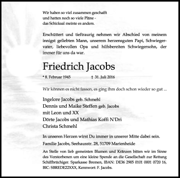 Anzeige von Friedrich Jacobs von Kölner Stadt-Anzeiger / Kölnische Rundschau / Express