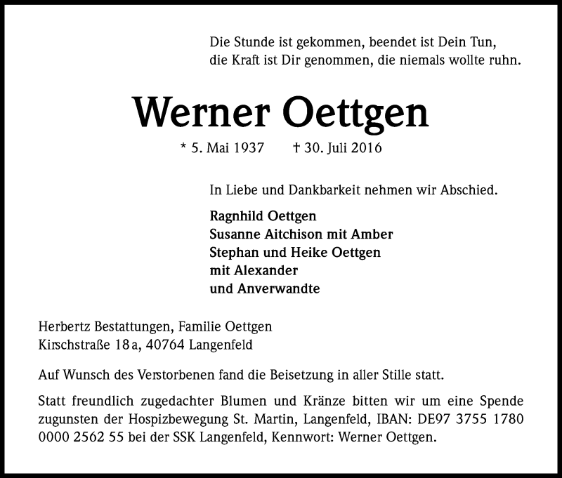  Traueranzeige für Werner Oettgen vom 06.08.2016 aus Kölner Stadt-Anzeiger / Kölnische Rundschau / Express