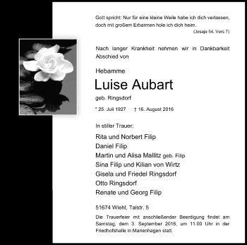 Anzeige von Luise Aubart von Kölner Stadt-Anzeiger / Kölnische Rundschau / Express