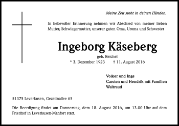 Anzeige von Ingeborg Käseberg von Kölner Stadt-Anzeiger / Kölnische Rundschau / Express