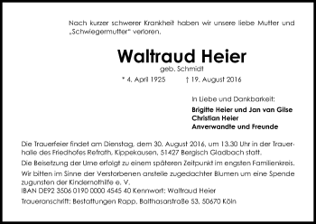 Anzeige von Waltraud Heier von Kölner Stadt-Anzeiger / Kölnische Rundschau / Express
