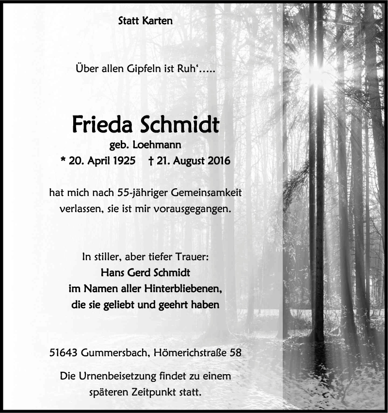  Traueranzeige für Frieda Schmidt vom 27.08.2016 aus Kölner Stadt-Anzeiger / Kölnische Rundschau / Express