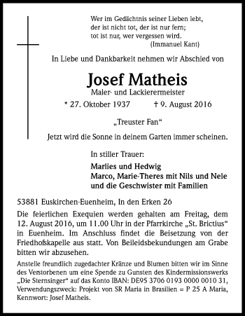 Anzeige von Josef Matheis von Kölner Stadt-Anzeiger / Kölnische Rundschau / Express
