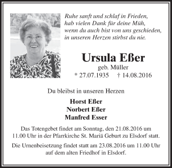 Anzeige von Ursula Eßer von  Sonntags-Post 