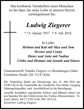 Anzeige von Ludwig Ziegerer von Kölner Stadt-Anzeiger / Kölnische Rundschau / Express