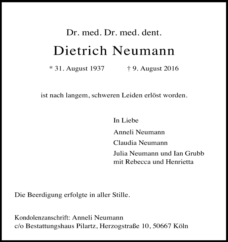  Traueranzeige für Dietrich Neumann vom 20.08.2016 aus Kölner Stadt-Anzeiger / Kölnische Rundschau / Express