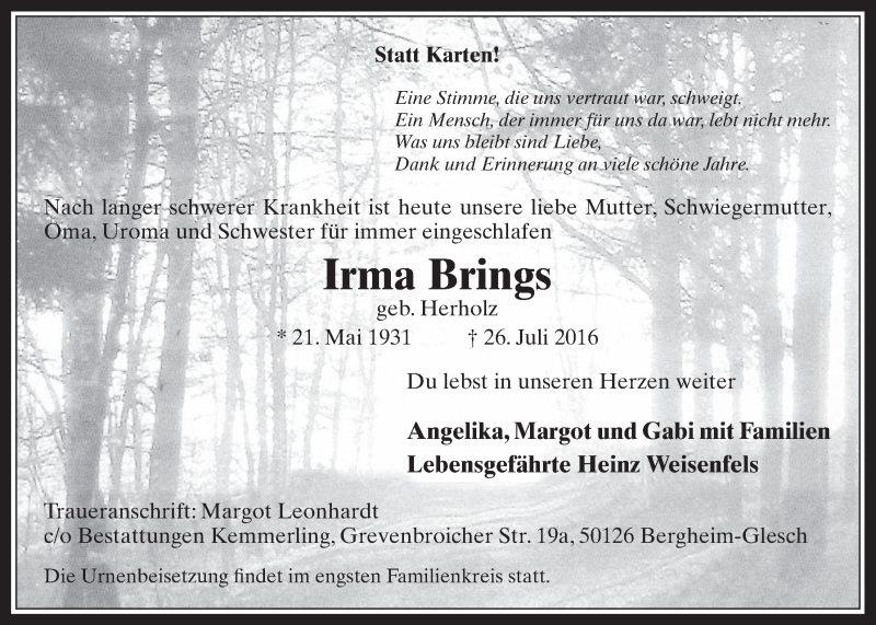  Traueranzeige für Irma Brings vom 03.08.2016 aus  Werbepost 
