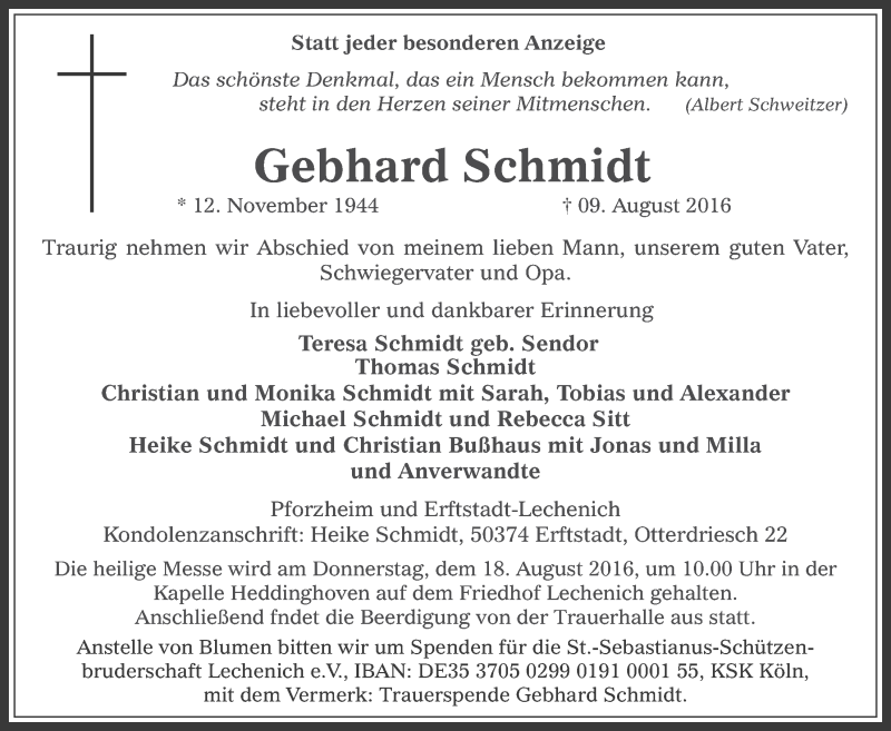  Traueranzeige für Gebhard Schmidt vom 17.08.2016 aus  Werbepost 