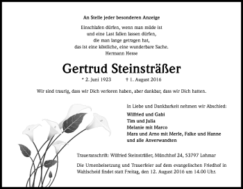 Anzeige von Gertrud Steinsträßer von Kölner Stadt-Anzeiger / Kölnische Rundschau / Express