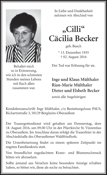 Anzeige von Cäcilia Becker von  Sonntags-Post 