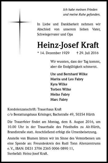 Anzeige von Heinz-Josef Kraft von Kölner Stadt-Anzeiger / Kölnische Rundschau / Express
