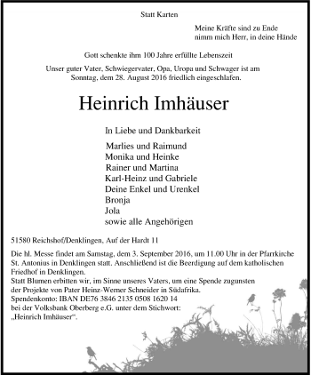 Anzeige von Heinrich Imhäuser von Kölner Stadt-Anzeiger / Kölnische Rundschau / Express