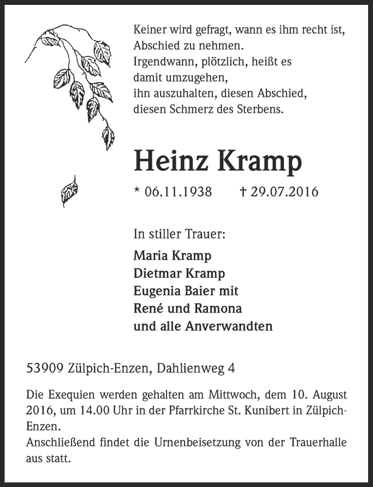  Traueranzeige für Heinz Kramp vom 06.08.2016 aus  Blickpunkt Euskirchen 