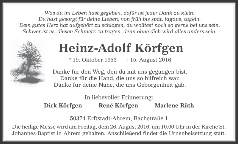  Traueranzeige für Heinz-Adolf Körfgen vom 17.08.2016 aus  Werbepost 