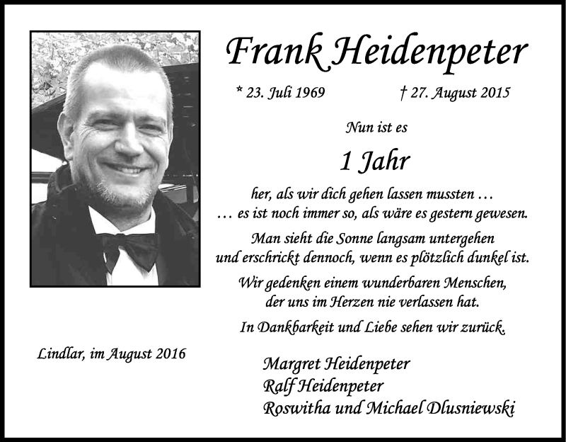  Traueranzeige für Frank Heidenpeter vom 27.08.2016 aus Kölner Stadt-Anzeiger / Kölnische Rundschau / Express