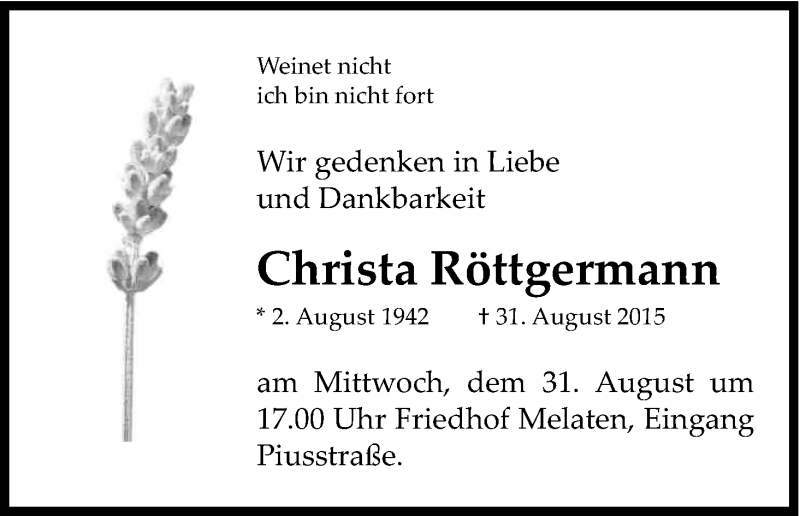  Traueranzeige für Christa Röttgermann vom 27.08.2016 aus Kölner Stadt-Anzeiger / Kölnische Rundschau / Express
