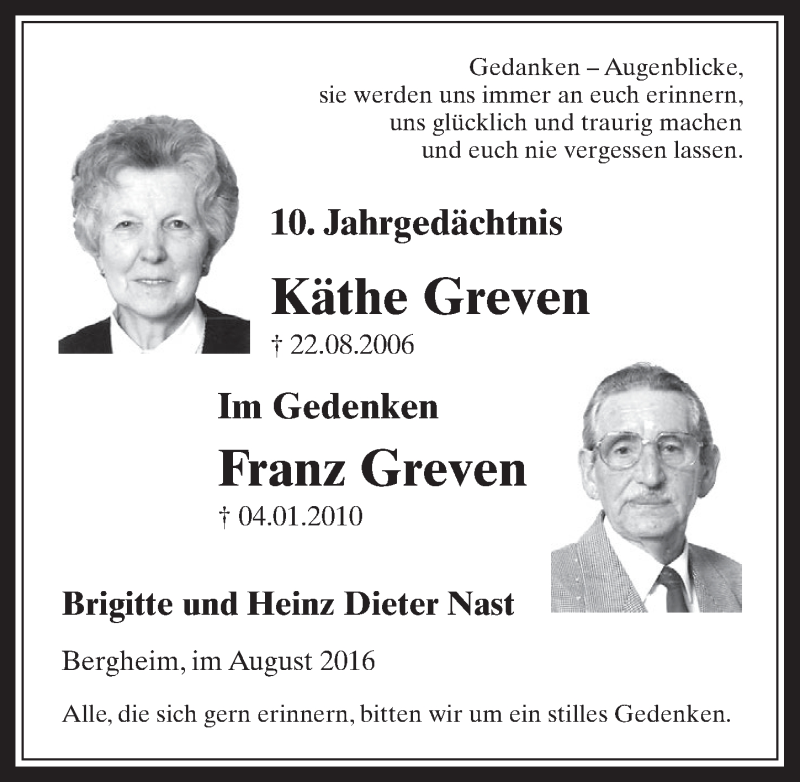  Traueranzeige für Franz Greven vom 24.08.2016 aus  Werbepost 