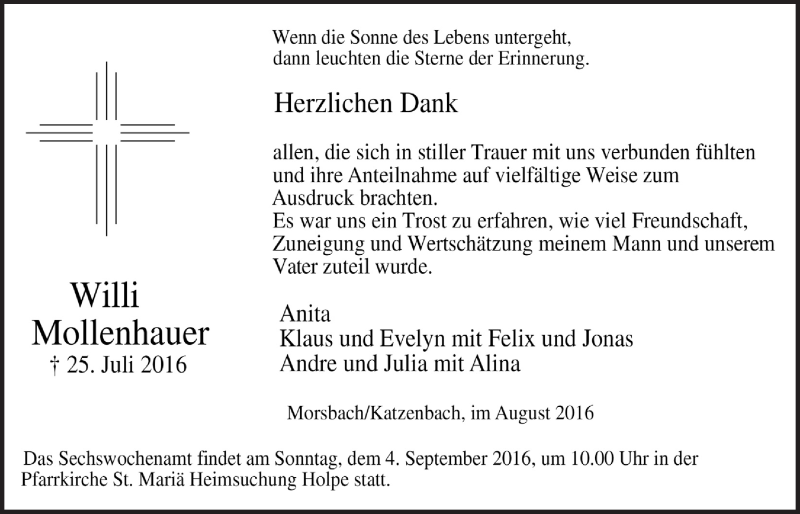  Traueranzeige für Willi Mollenhauer vom 31.08.2016 aus  Lokalanzeiger 