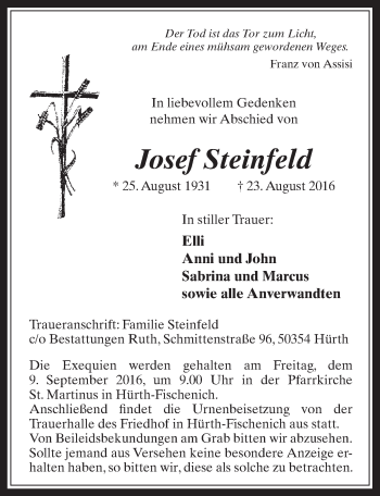 Anzeige von Josef Steinfeld von  Wochenende 