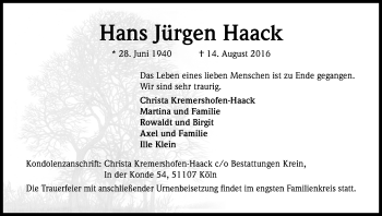 Anzeige von Hans Jürgen Haack von Kölner Stadt-Anzeiger / Kölnische Rundschau / Express