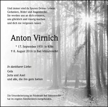 Anzeige von Anton Virnich von Kölner Stadt-Anzeiger / Kölnische Rundschau / Express