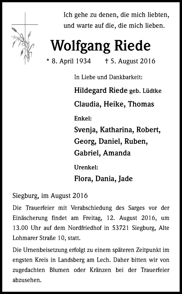  Traueranzeige für Wolfgang Riede vom 10.08.2016 aus Kölner Stadt-Anzeiger / Kölnische Rundschau / Express