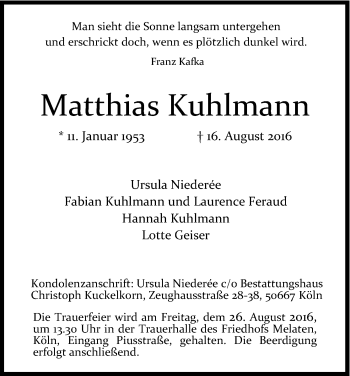 Anzeige von Matthias Kuhlmann von Kölner Stadt-Anzeiger / Kölnische Rundschau / Express