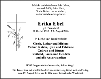 Anzeige von Erika Ebel von Kölner Stadt-Anzeiger / Kölnische Rundschau / Express