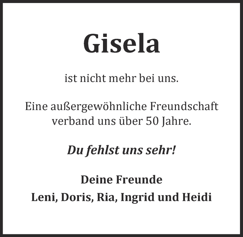  Traueranzeige für Gisela  vom 24.08.2016 aus  Kölner Wochenspiegel 