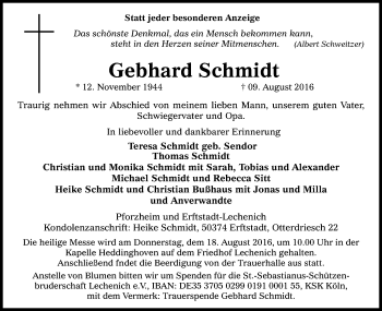 Anzeige von Gebhard Schmidt von Kölner Stadt-Anzeiger / Kölnische Rundschau / Express