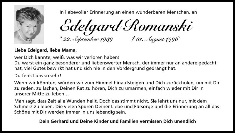  Traueranzeige für Edelgard Romanski vom 31.08.2016 aus Kölner Stadt-Anzeiger / Kölnische Rundschau / Express