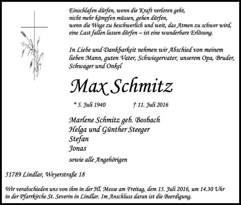  Traueranzeige für Max Schmitz vom 13.07.2016 aus Kölner Stadt-Anzeiger / Kölnische Rundschau / Express