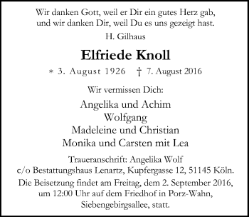 Anzeige von Elfriede Knoll von  Kölner Wochenspiegel 