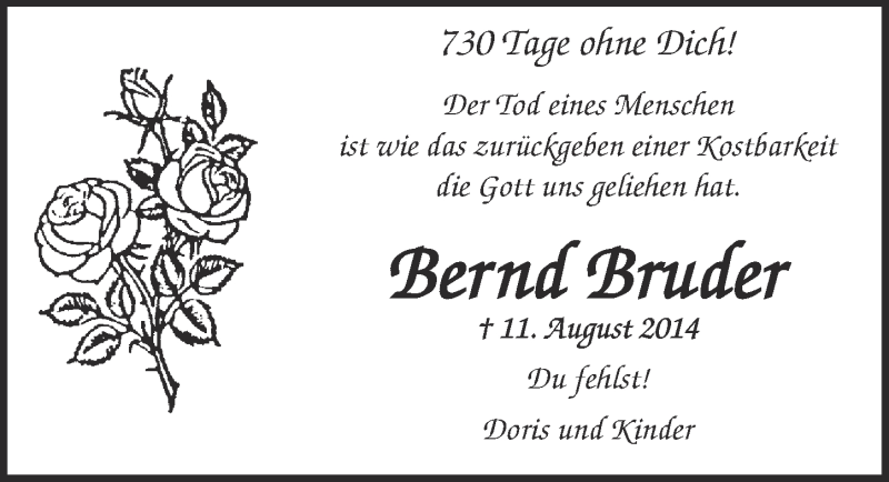  Traueranzeige für Bernd Bruder vom 18.07.2023 aus  Kölner Wochenspiegel 