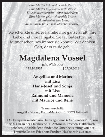 Anzeige von Magdalena Vossel von  Wochenende 
