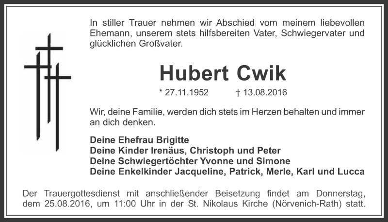  Traueranzeige für Hubert Cwik vom 24.08.2016 aus  Werbepost 