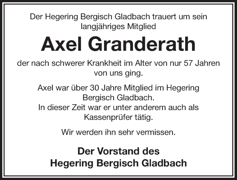  Traueranzeige für Axel Granderath vom 31.08.2016 aus  Bergisches Handelsblatt 