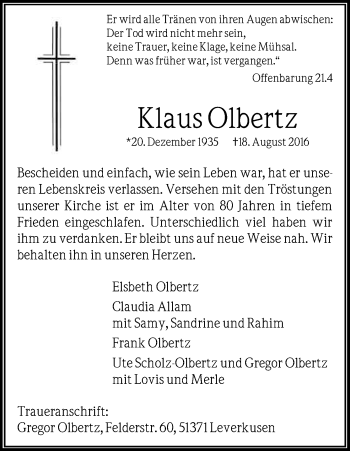 Anzeige von Klaus Olbertz von Kölner Stadt-Anzeiger / Kölnische Rundschau / Express