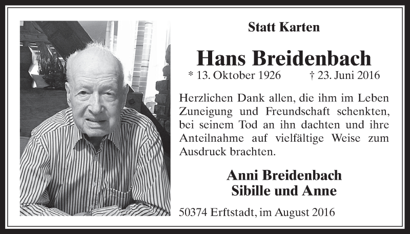  Traueranzeige für Hans Breidenbach vom 03.08.2016 aus  Werbepost 