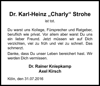 Anzeige von Karl-Heinz  Strohe von Kölner Stadt-Anzeiger / Kölnische Rundschau / Express