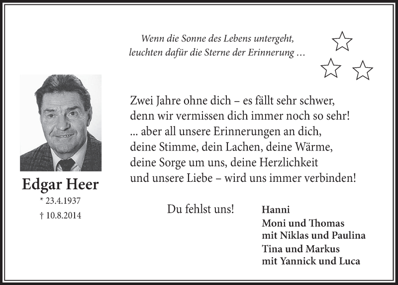  Traueranzeige für Edgar Heer vom 10.08.2016 aus  Schlossbote/Werbekurier 