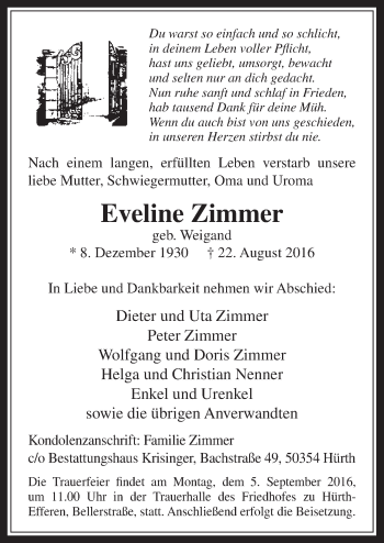 Anzeige von Eveline Zimmer von  Wochenende 