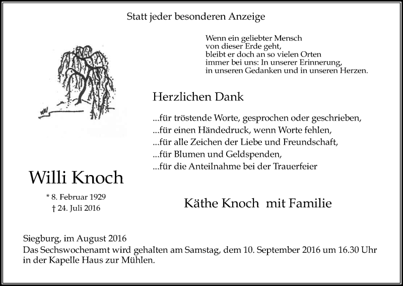  Traueranzeige für Willi Knoch vom 27.08.2016 aus Kölner Stadt-Anzeiger / Kölnische Rundschau / Express