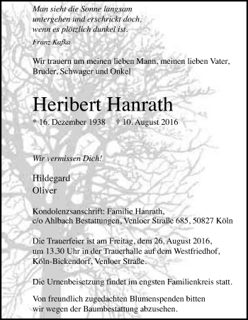 Anzeige von Heribert Hanrath von Kölner Stadt-Anzeiger / Kölnische Rundschau / Express