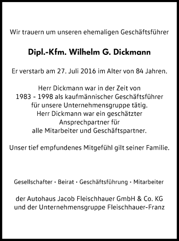 Anzeige von Wilhelm G. Dickmann von Kölner Stadt-Anzeiger / Kölnische Rundschau / Express