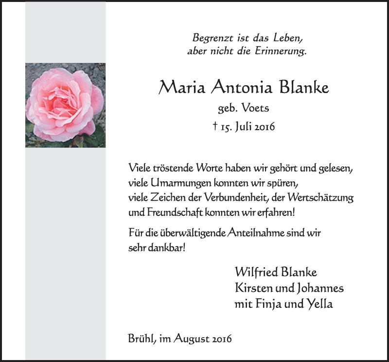  Traueranzeige für Maria Antonia Blanke vom 24.08.2016 aus  Schlossbote/Werbekurier 