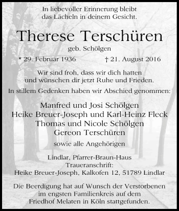 Anzeige von Therese Terschüren von Kölner Stadt-Anzeiger / Kölnische Rundschau / Express